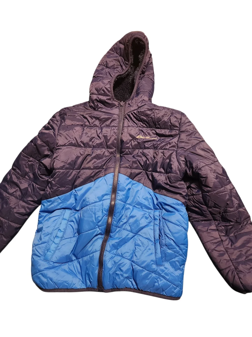 Eddie Bauer Two-Tone Purple and Blue Hooded Puffer Jacket